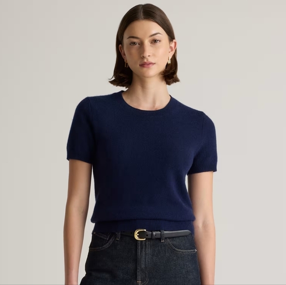 NWT L Quince Mongolian Cashmere Tee Sweater Short Sleeve Navy 💙 - Picture 1 of 5